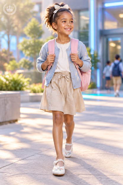 Little girl walking to school wearing embroidered cheongsam shoes