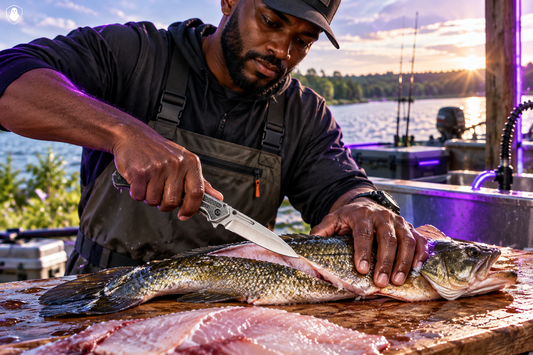 Man filleting fish with the folding pocket knife
