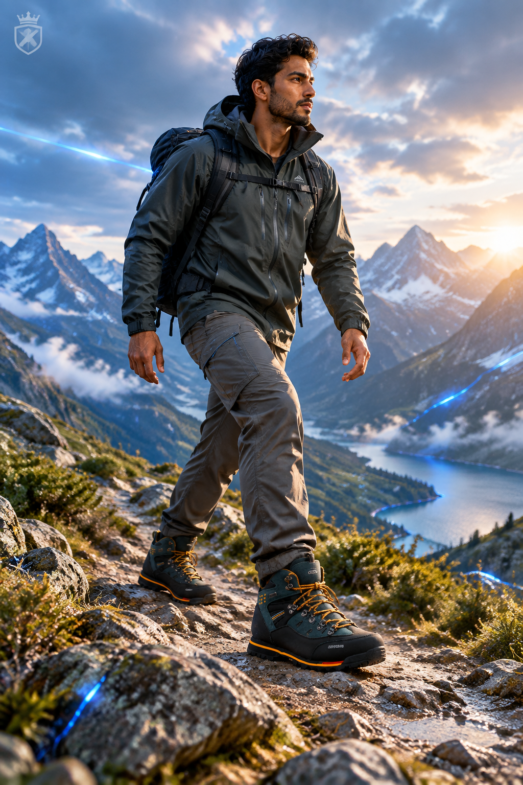 Man hiking mountain trail in waterproof ankle boots