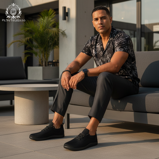 Man in coordinated all-black summer wear with all-black shoes