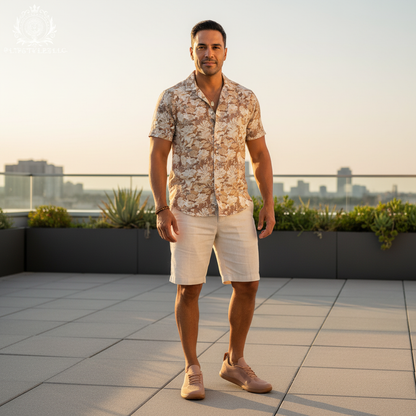 Man in coordinated light-brown summer wear with light-brown shoes