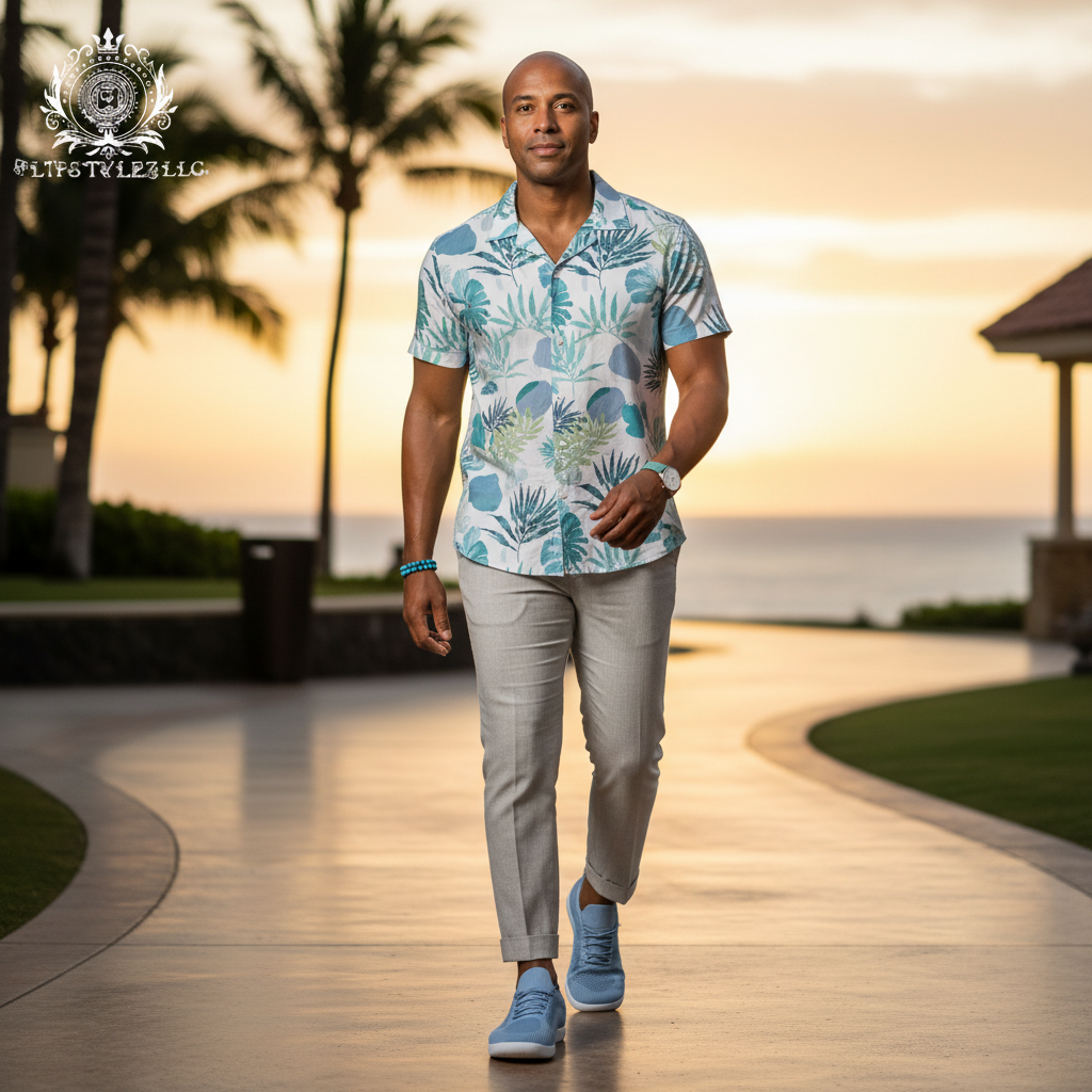 Man in coordinated sky-blue summer wear with sky-blue shoes