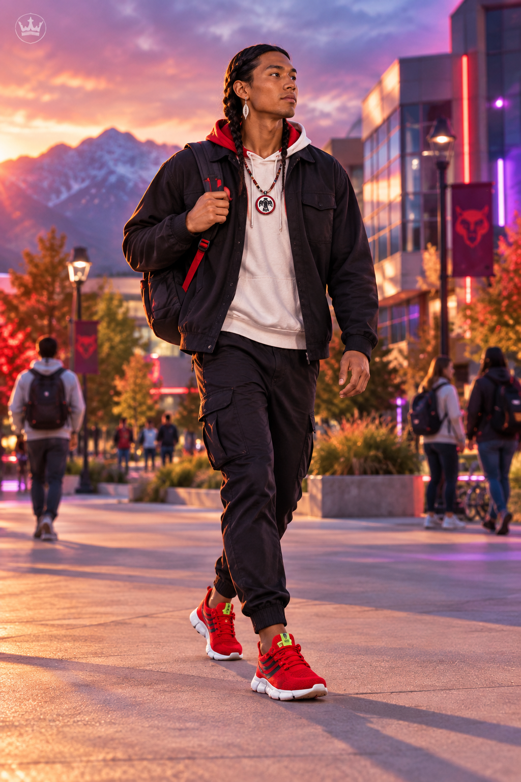 Man on campus in red sneakers