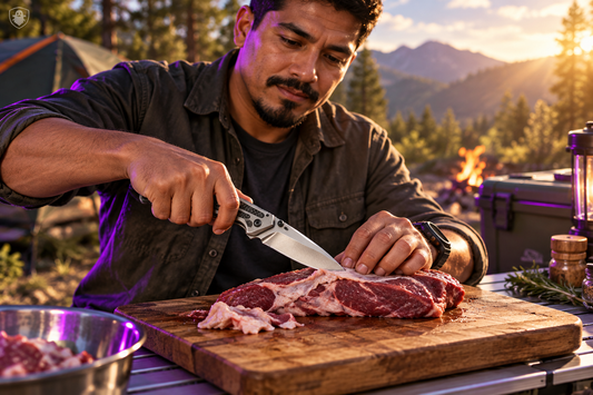 Man trimming meat at campsite with the folding pocket knife