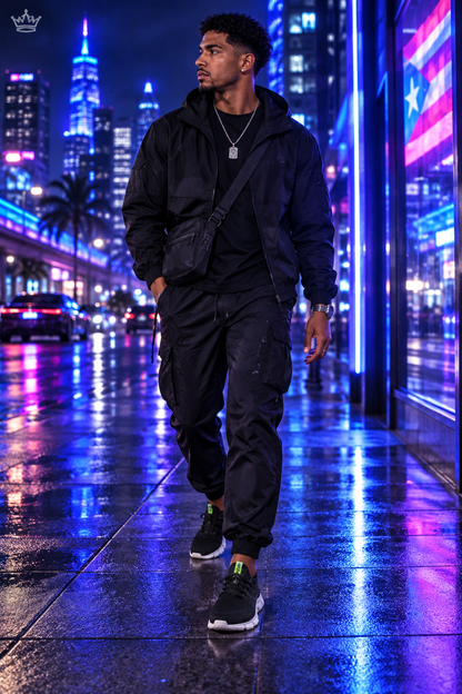 Man walking at night in black sneakers