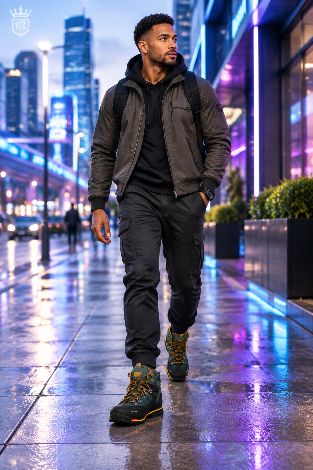 Man walking city sidewalk in waterproof ankle boots