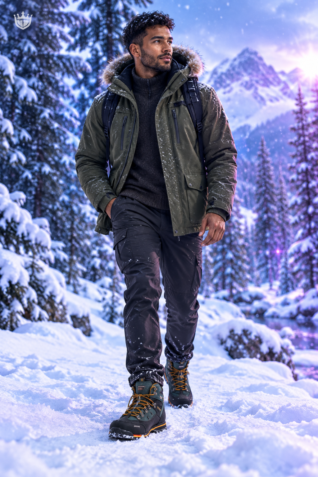Man walking through snowy forest in waterproof ankle boots