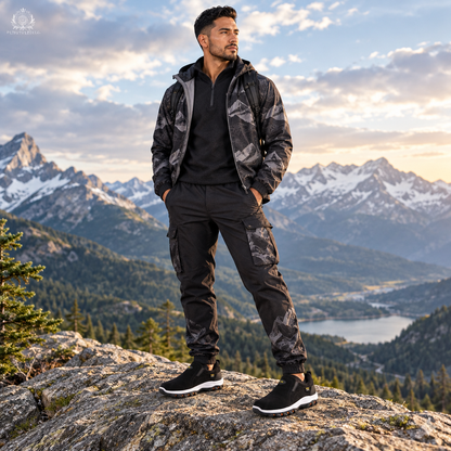 Man wearing black shoes at a rocky mountain viewpoint