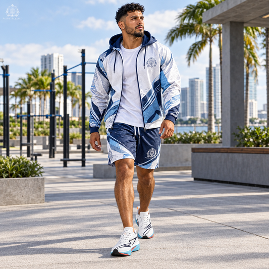 Man wearing blue-and-white shoes in coordinated sportswear