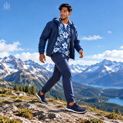 Man wearing blue shoes on an alpine ridge