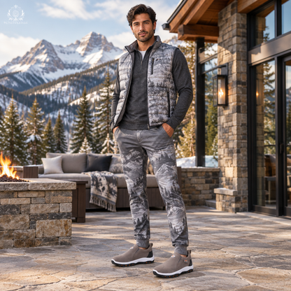 Man wearing gray shoes near a mountain lodge