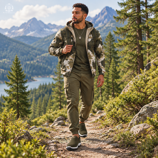 Man wearing green shoes on a mountain trail