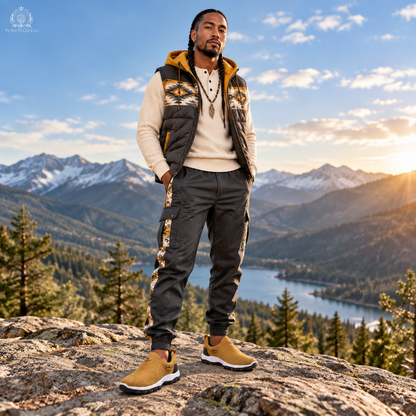 Man wearing yellow shoes at a mountain overlook