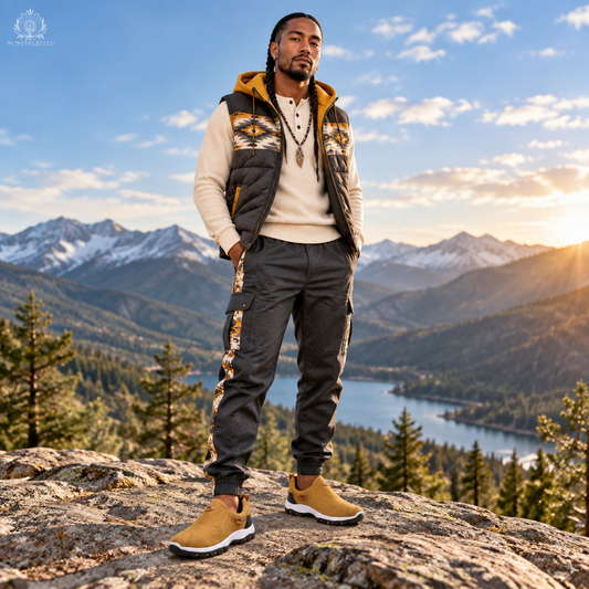 Man wearing yellow shoes at a mountain overlook