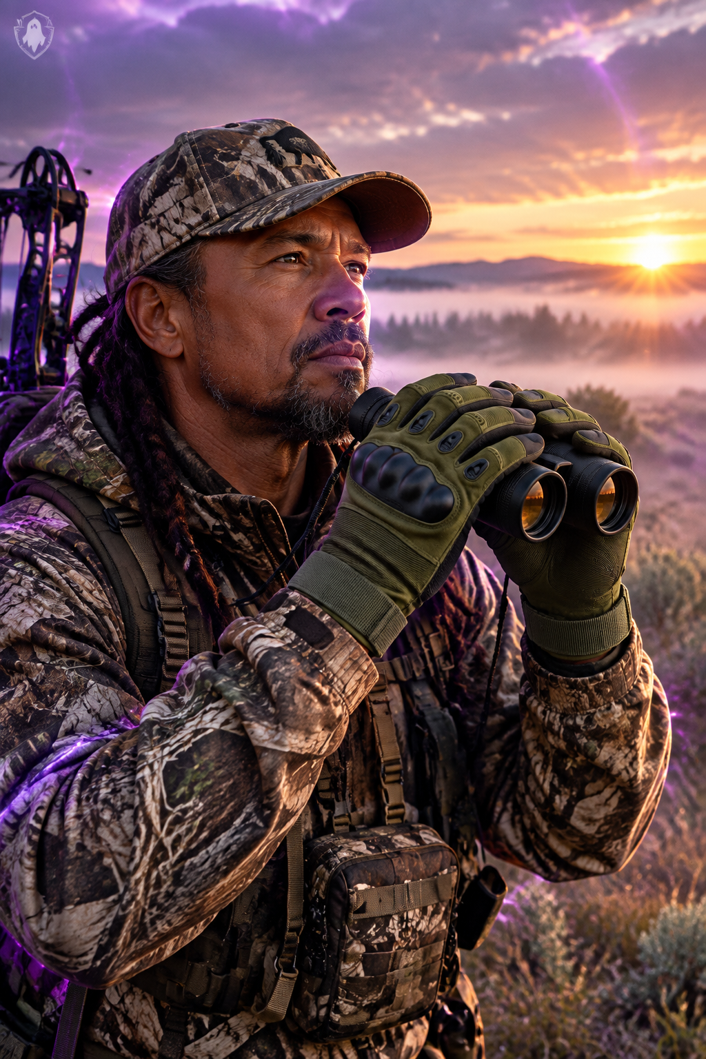 Mixed Black/Blackfoot man hunting with army green gloves