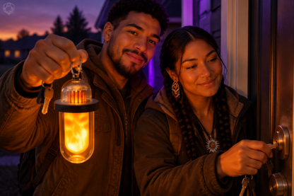 Mixed couple with larger visible lantern at door