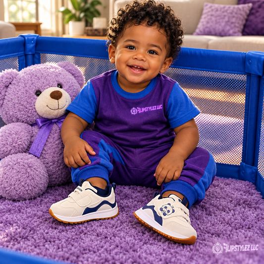 Mixed-race baby boy wearing the shoes in a blue playpen on a purple rug