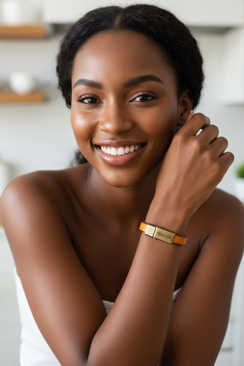 Model Arm Up Pose Showing Leather Bracelet - Close Crop