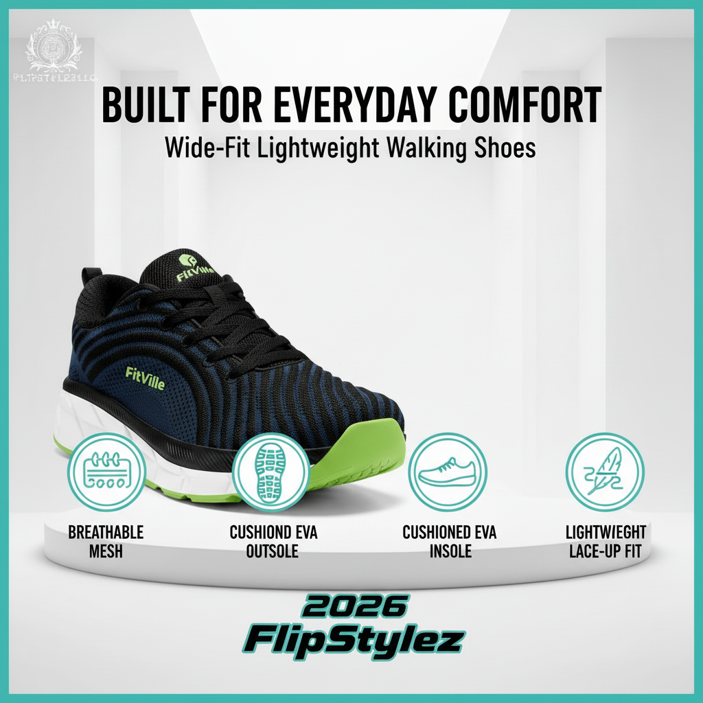 Modern walking-shoe infographic with four feature icons