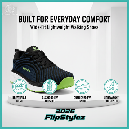 Modern walking-shoe infographic with four feature icons