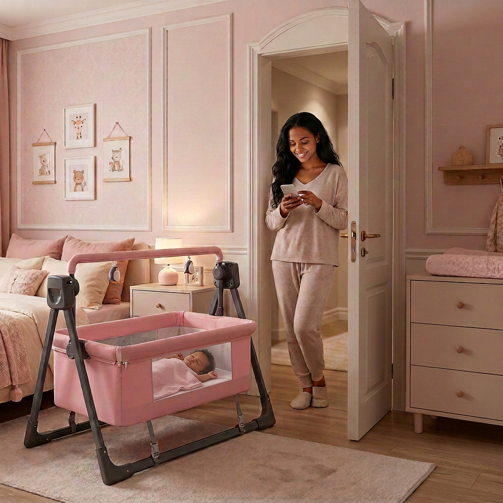SmartBaby Multi-function Intelligent Electric Cradle – Pink | Bluetooth Music, Remote Control & Automatic Rocking Motion