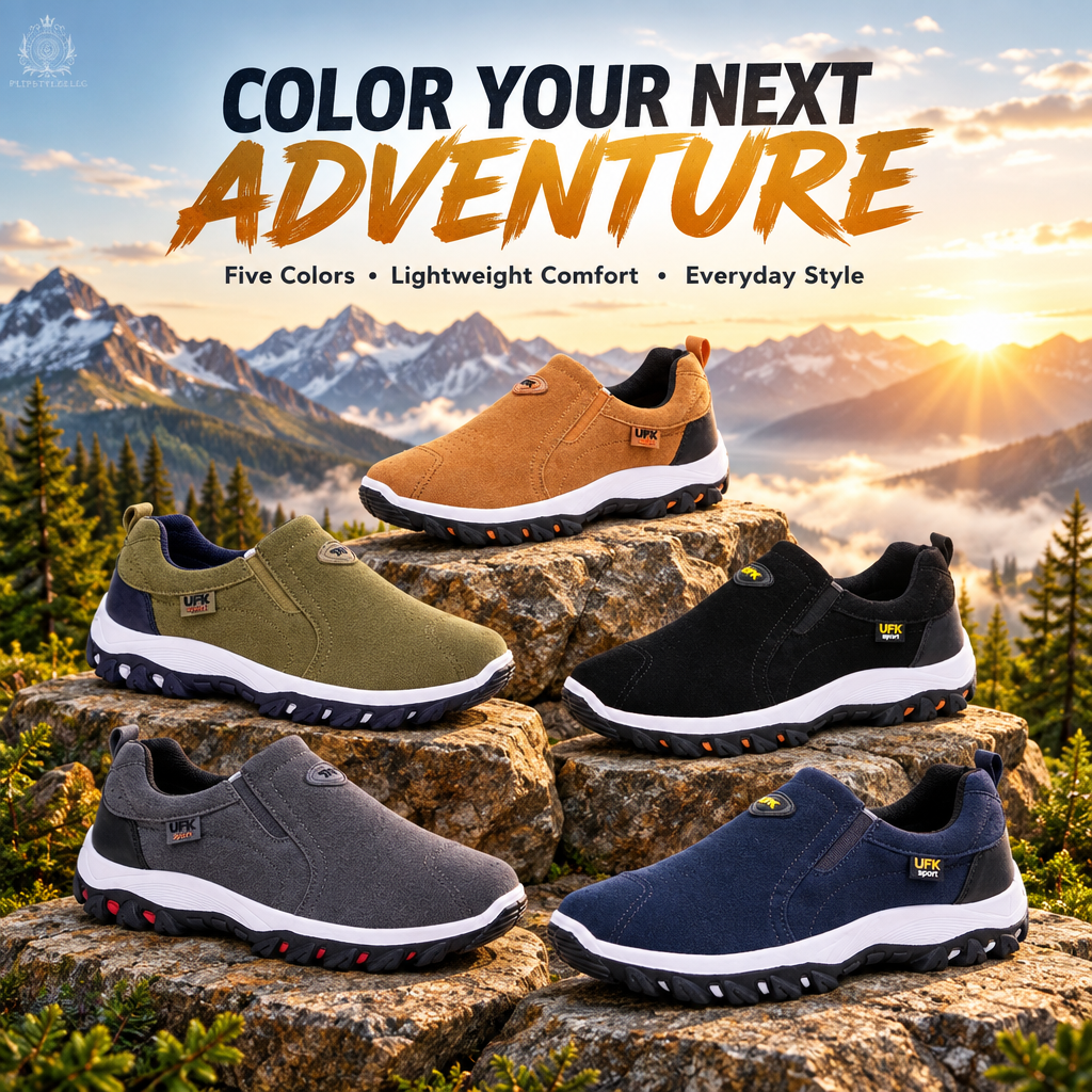 Mountain-view advertisement featuring all five men’s shoe colors