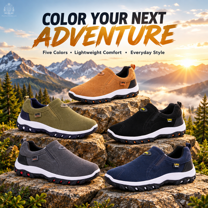 Mountain-view advertisement featuring all five men’s shoe colors