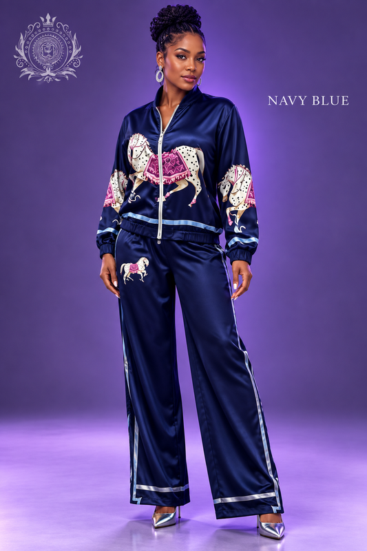 Navy Blue horse-print outfit model
