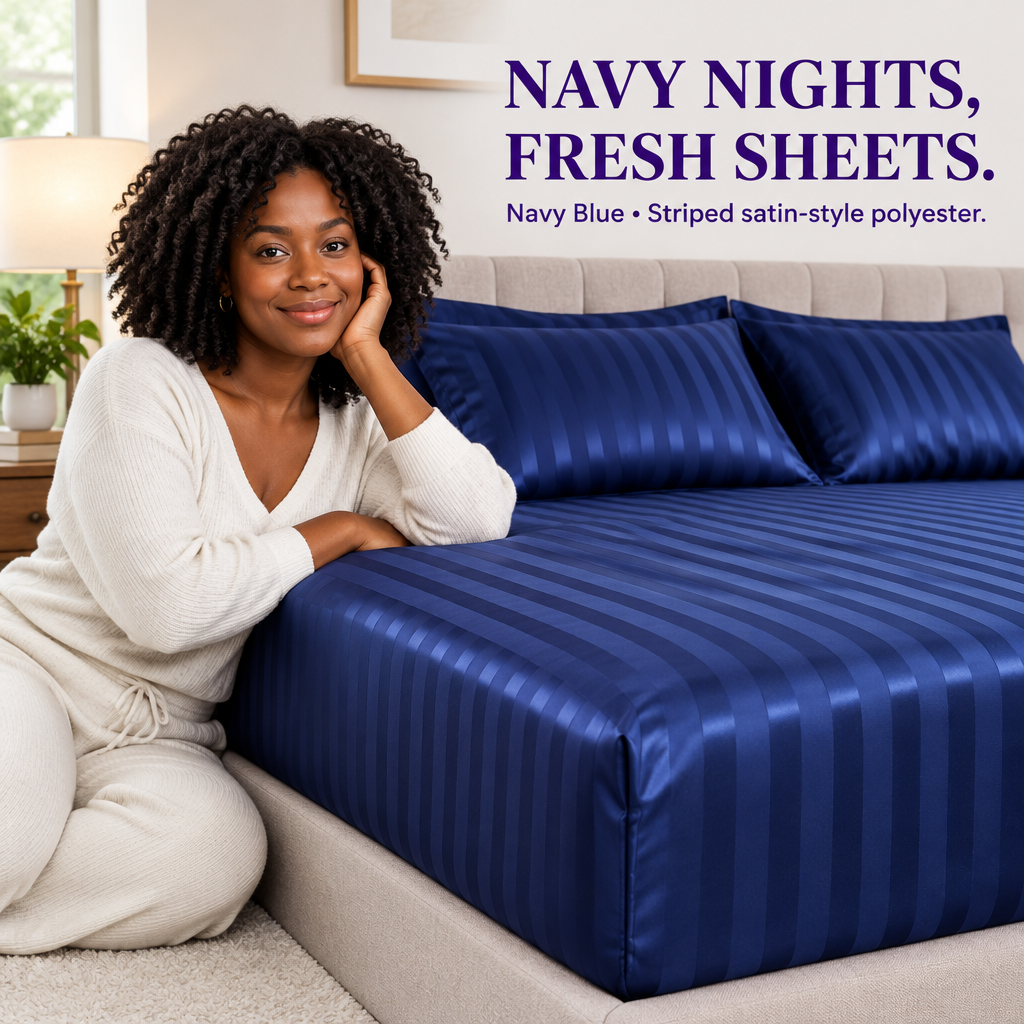 Navy fitted-sheet ad with a Black American model