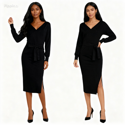 new SEXY RED Autumn And Winter Knitted Slim Double V-Neck FALL Sweater DRESS FOR WOMEN