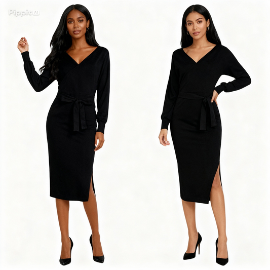 new SEXY RED Autumn And Winter Knitted Slim Double V-Neck FALL Sweater DRESS FOR WOMEN