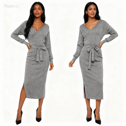 new SEXY RED Autumn And Winter Knitted Slim Double V-Neck FALL Sweater DRESS FOR WOMEN