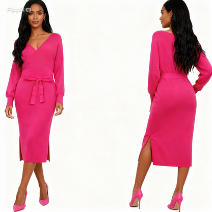 new SEXY RED Autumn And Winter Knitted Slim Double V-Neck FALL Sweater DRESS FOR WOMEN