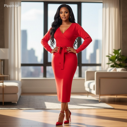 new SEXY RED Autumn And Winter Knitted Slim Double V-Neck FALL Sweater DRESS FOR WOMEN