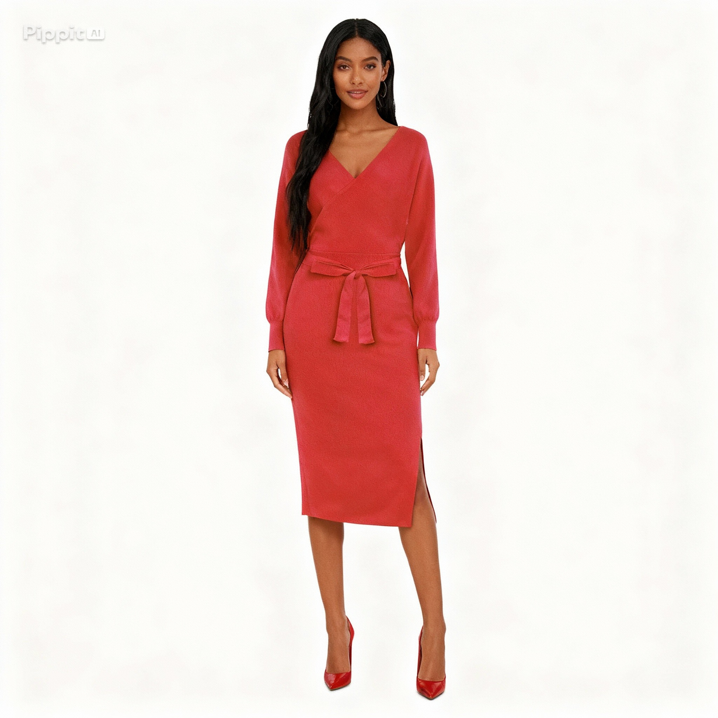 new SEXY RED Autumn And Winter Knitted Slim Double V-Neck FALL Sweater DRESS FOR WOMEN