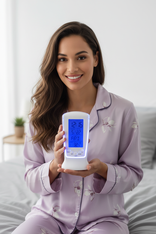 Nova clock held by woman in purple pajamas