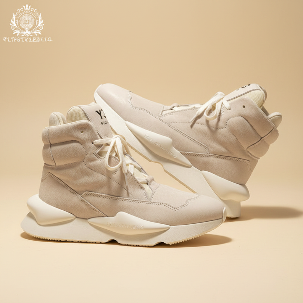 Off-white suede high-top shoes in a realistic side-profile angle