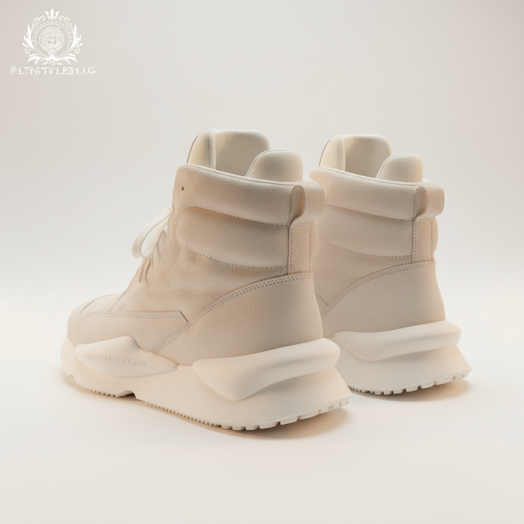 Off-white suede high-tops from a dramatic rear three-quarter angle