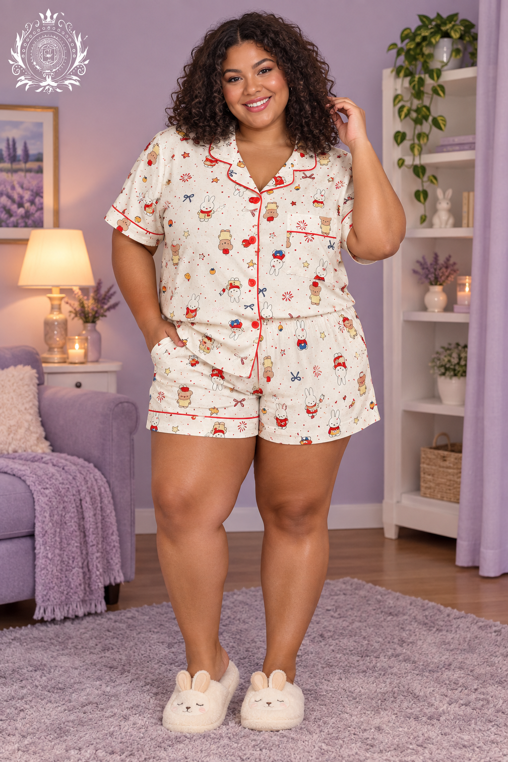 Pajama model 2, plus-size woman with shoulder-length curls