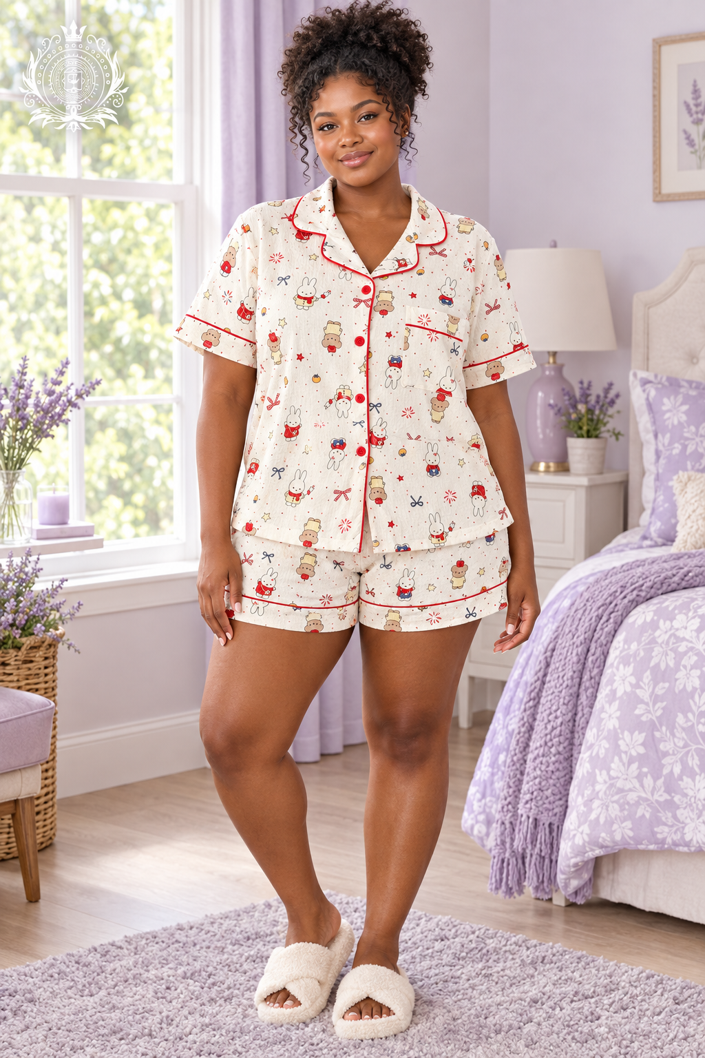 Pajama model 3, woman with a natural curly updo