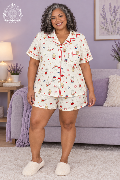 Pajama model 5, mature woman with silver-streaked curls