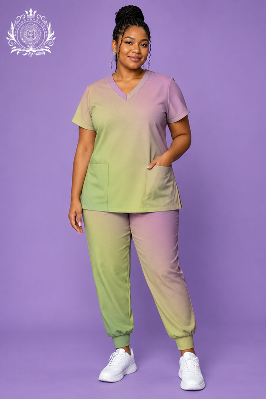 Pastel scrub-style outfit three-quarter model