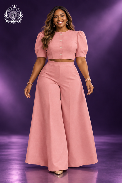 Pink puff-sleeve pants set model