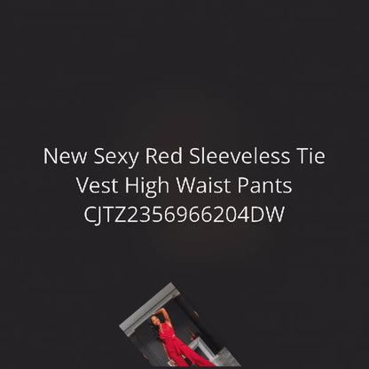 New Sexy Red Sleeveless Tie Vest High Waist Pants Suit for women