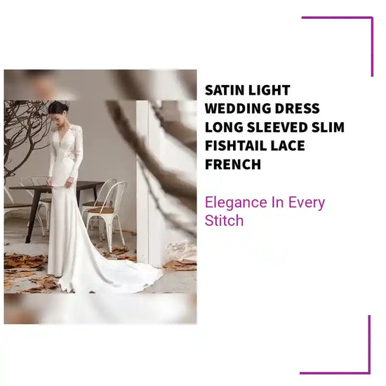 Satin Light Wedding Dress Long Sleeved Slim Fishtail Lace French by@Outfy