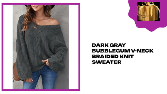 Dark Gray Bubblegum V-Neck Braided Knit Sweater by@Outfy