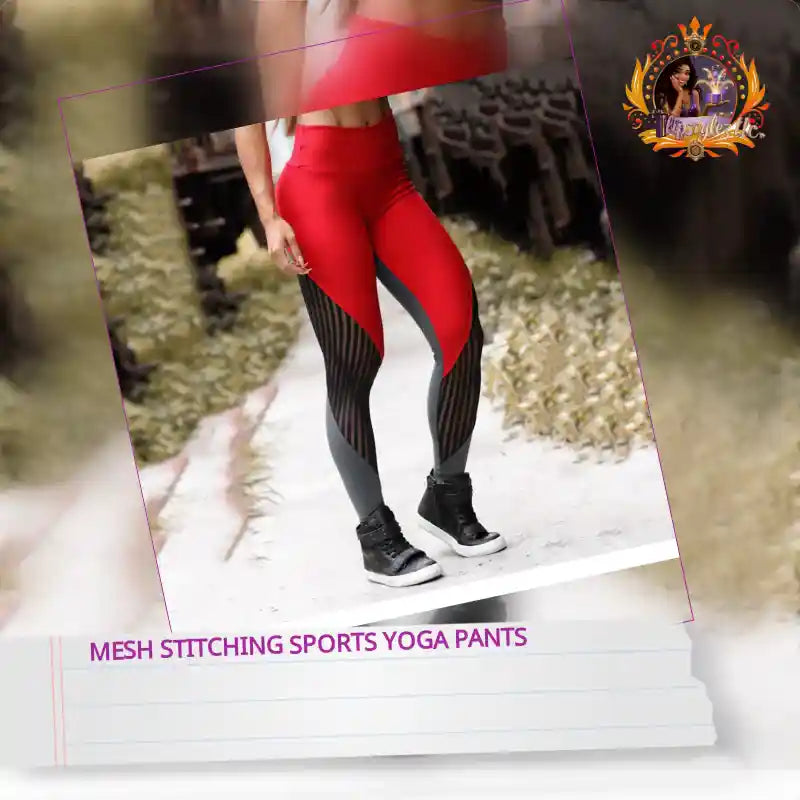 Mesh stitching sports yoga pants by@Outfy