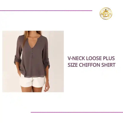 V-neck loose plus size chiffon shirt by@Outfy