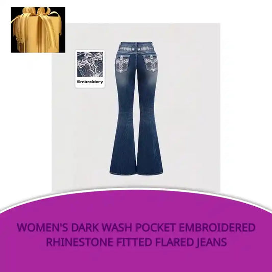 Women's dark wash pocket embroidered rhinestone fitted flared jeans by@Outfy