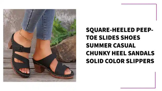 Square-heeled Peep-toe Slides Shoes Summer Casual Chunky Heel Sandals Solid Color Slippers by@Outfy